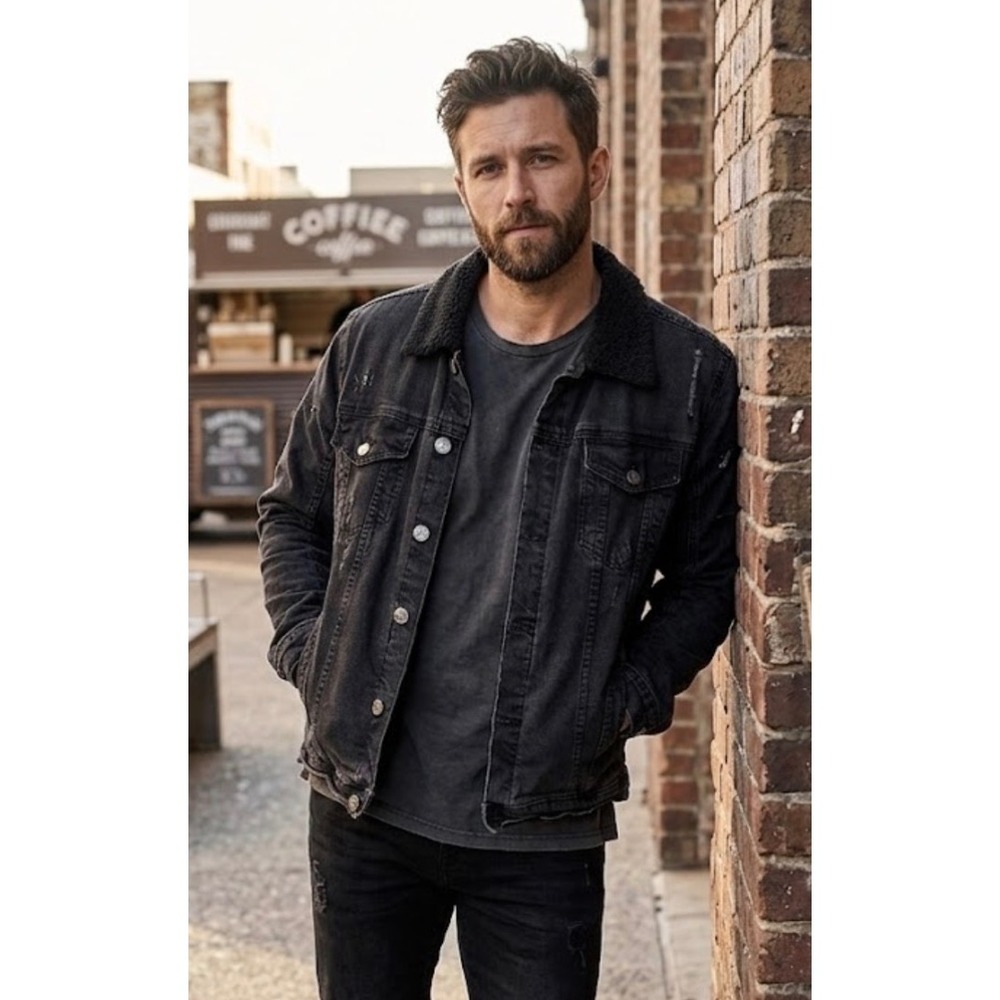 FWRD Denim Mens Distressed Sherpa Collar Trucker Jacket‎ Black XL